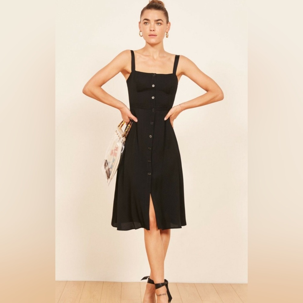 REFORMATION Black Persimmon Button-Down Crepe Square-Neck Midi Dress